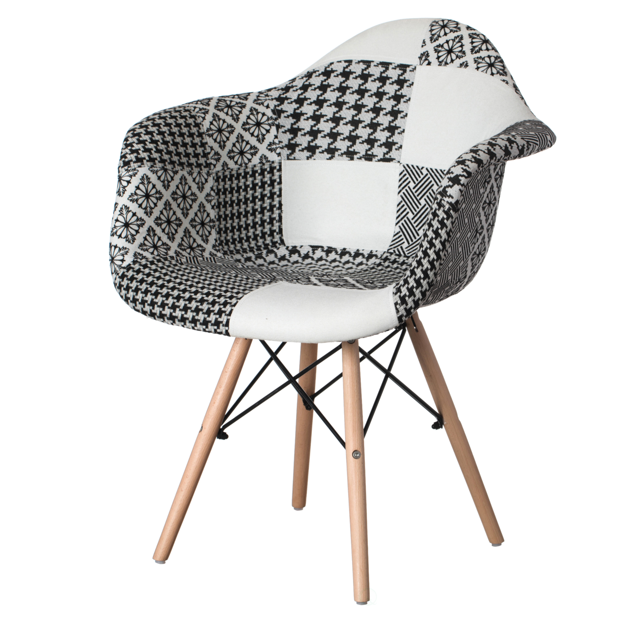 Mid-Century Modern Style Fabric Lined Armchair with Beech Wooden Legs - Black and White Single
