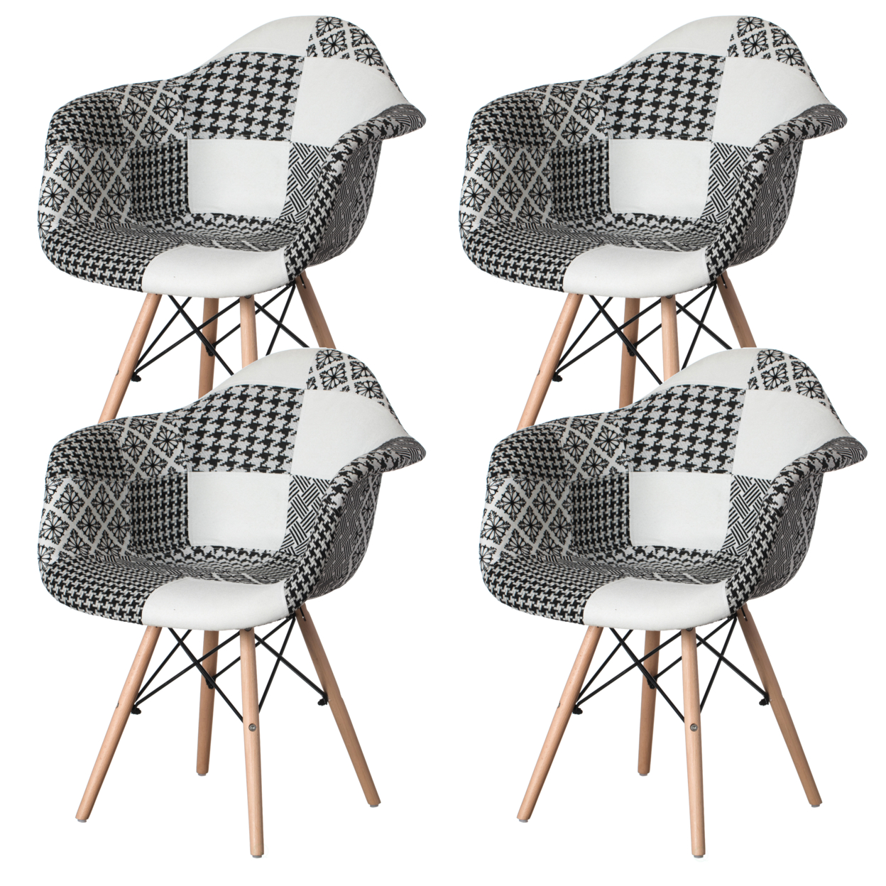 Mid-Century Modern Style Fabric Lined Armchair with Beech Wooden Legs - Black and White Set of 4