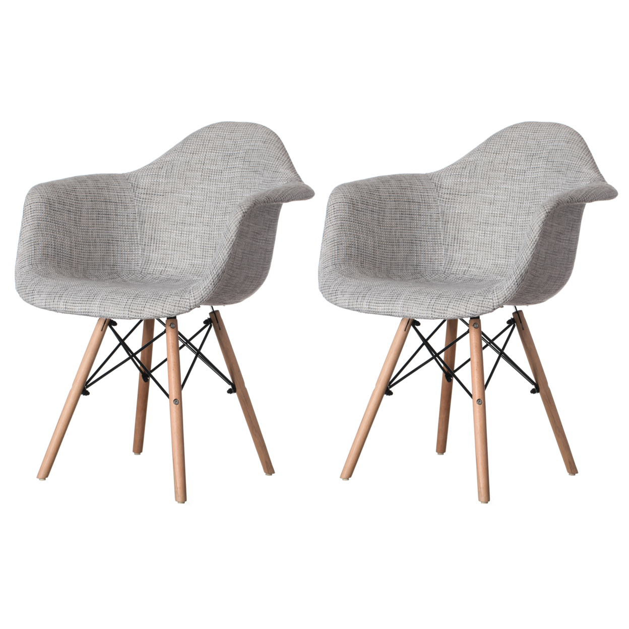 Mid-Century Modern Style Fabric Lined Armchair with Beech Wooden Legs - Grey Set of 2