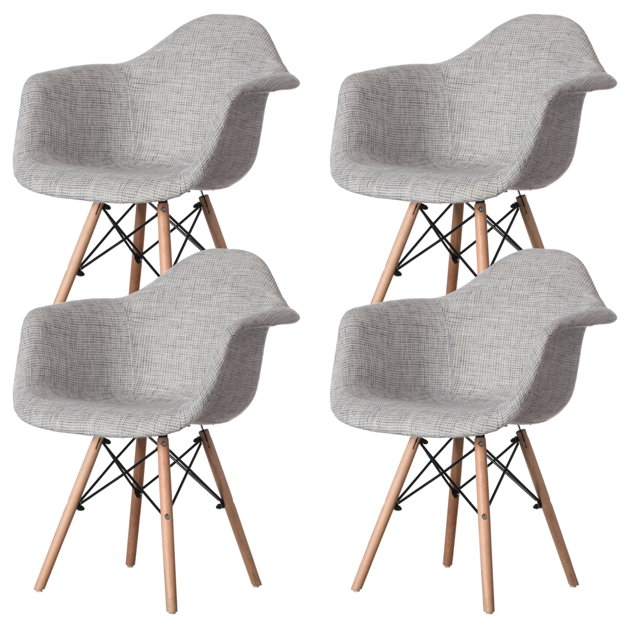 Mid-Century Modern Style Fabric Lined Armchair with Beech Wooden Legs - Grey Set of 4