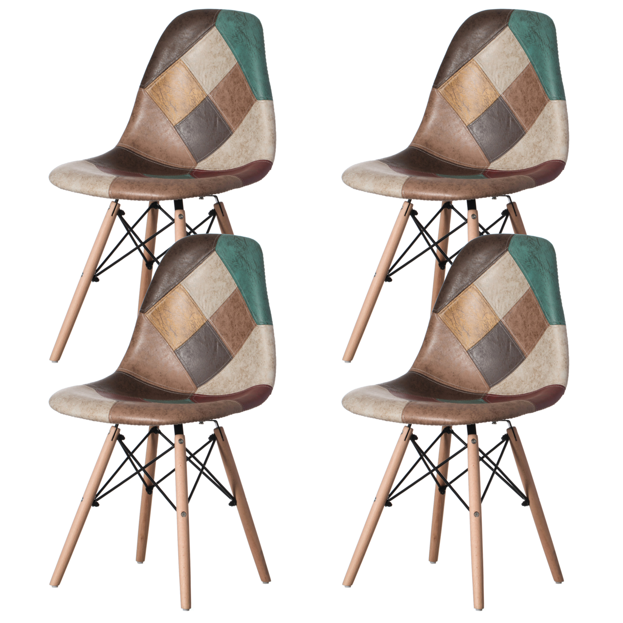 Modern Fabric Patchwork Chair With Leather And Suede Like Tones With Wooden Legs For Kitchen, Dining Room, Entryway, Living Room - Set Of 4
