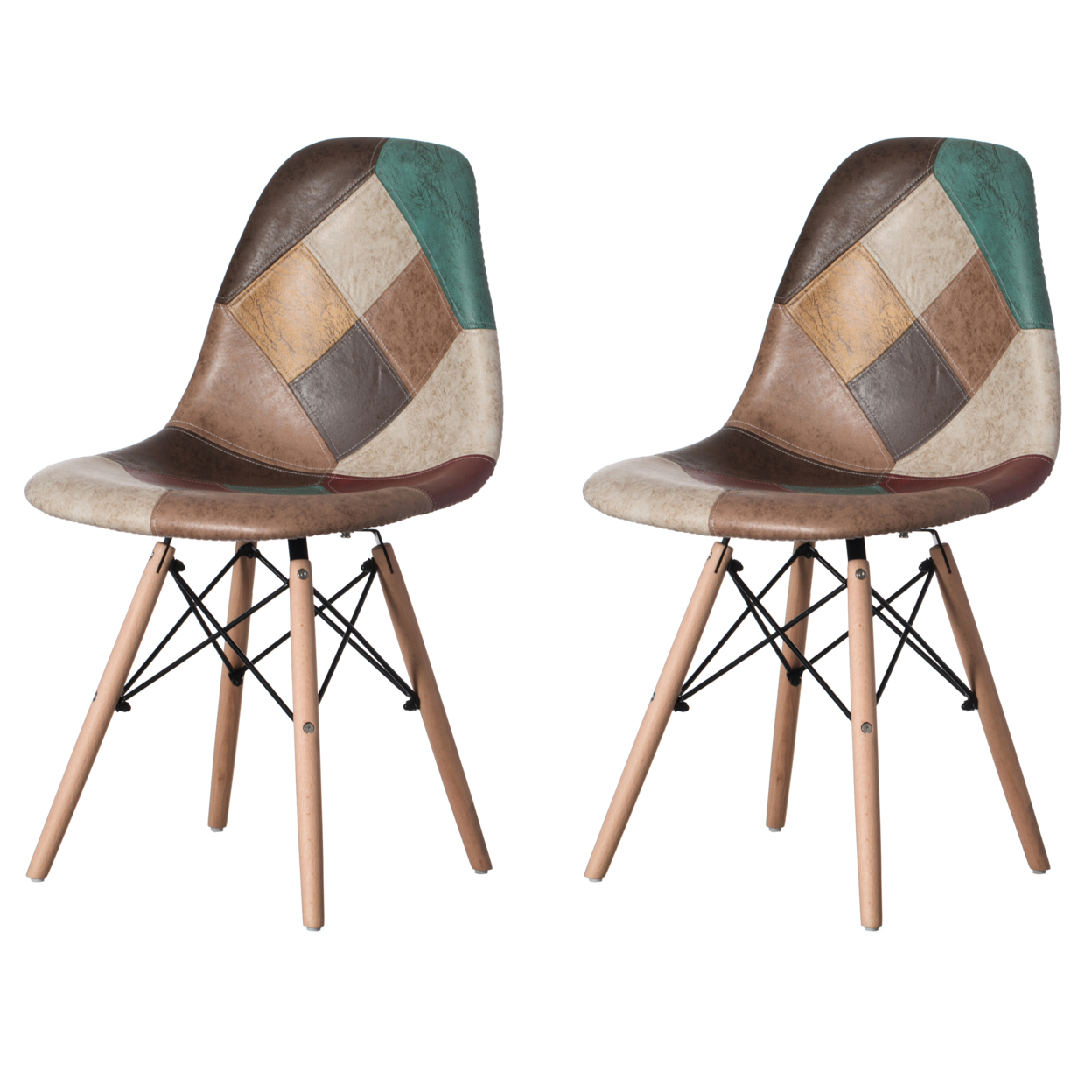 Modern Fabric Patchwork Chair With Leather And Suede Like Tones With Wooden Legs For Kitchen, Dining Room, Entryway, Living Room - Set Of 2