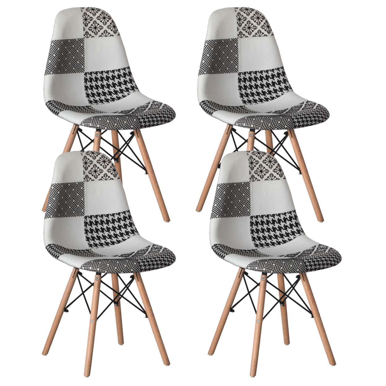 Modern Fabric Patchwork Chair With Wooden Legs For Kitchen, Dining Room, Entryway, Living Room With Black & White Patterns - Set Of 4