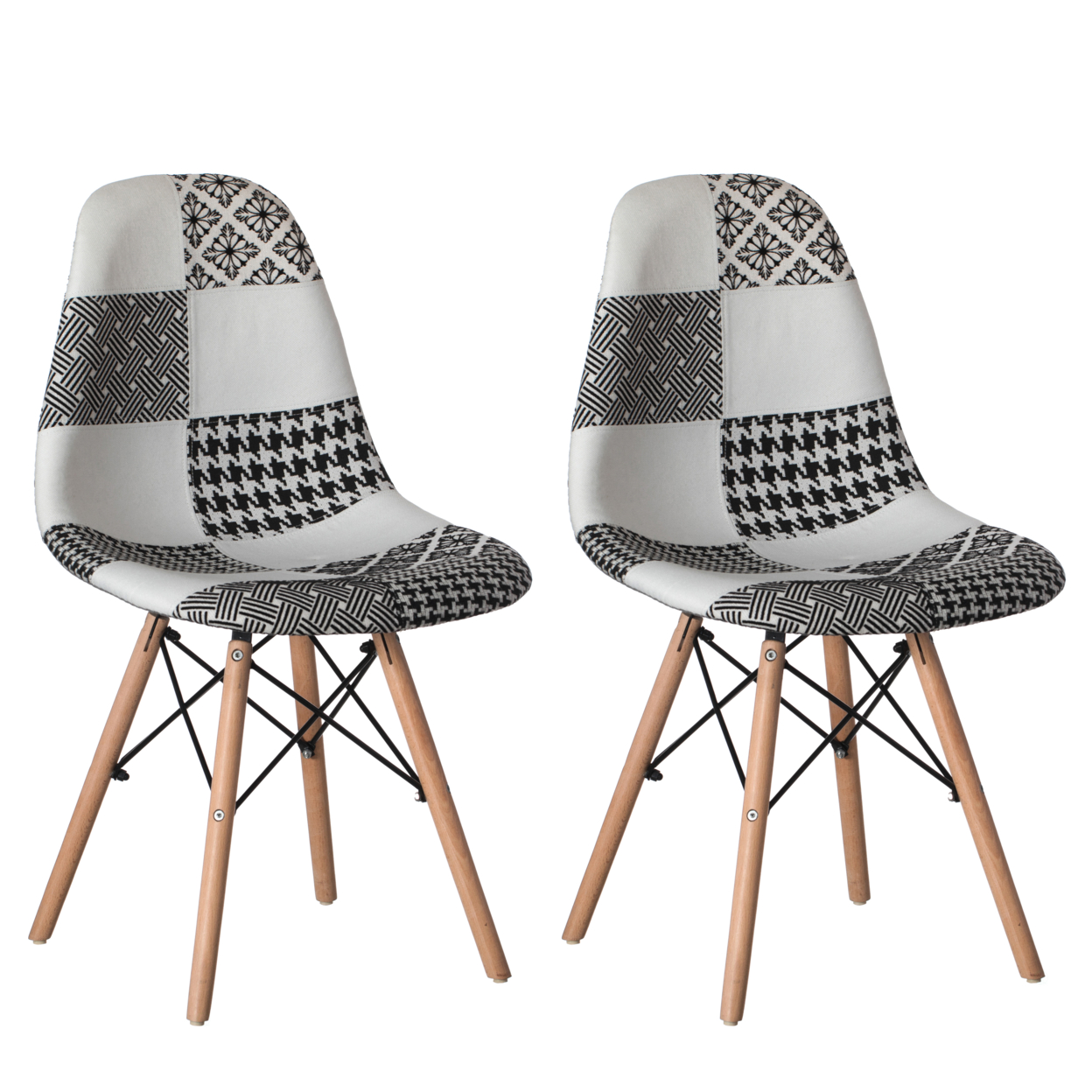 Modern Fabric Patchwork Chair With Wooden Legs For Kitchen, Dining Room, Entryway, Living Room With Black & White Patterns - Set Of 2