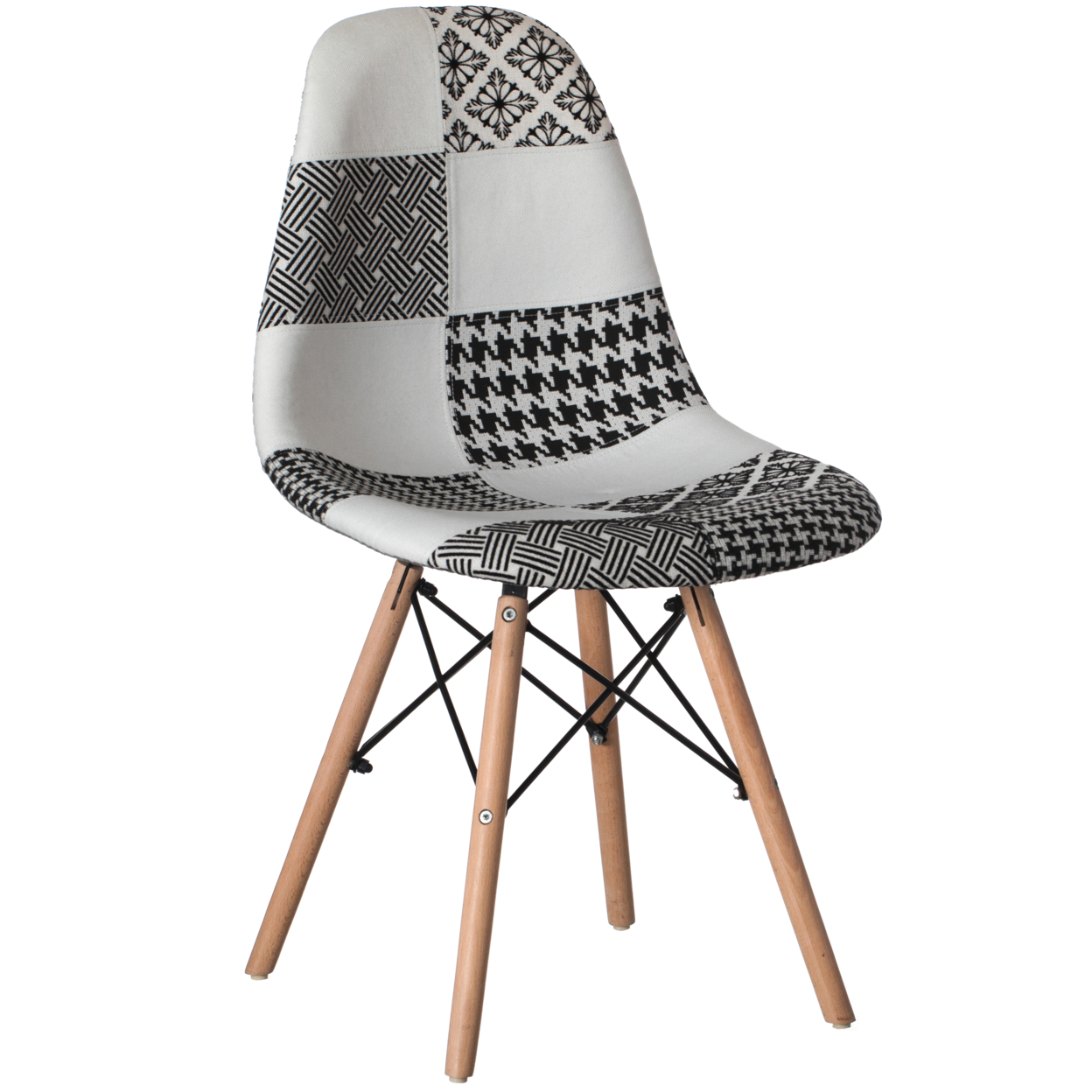 Modern Fabric Patchwork Chair With Wooden Legs For Kitchen, Dining Room, Entryway, Living Room With Black & White Patterns - Single
