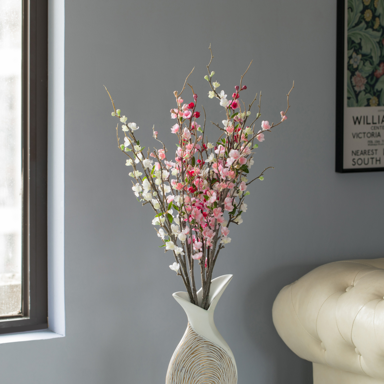 Peach Artificial Cherry Blossom Branch Stem For Home Decoration And Wedding Craft - Set Of 3
