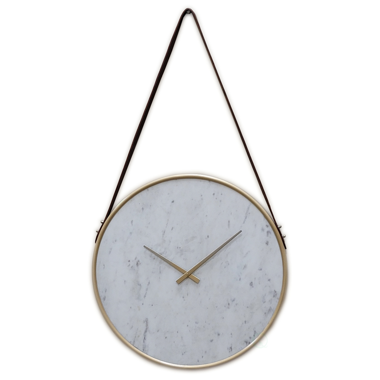 Decorative Contemporary Metal Wall Clock Marble Look Face, Gold Rim and Handles with Hanging Band