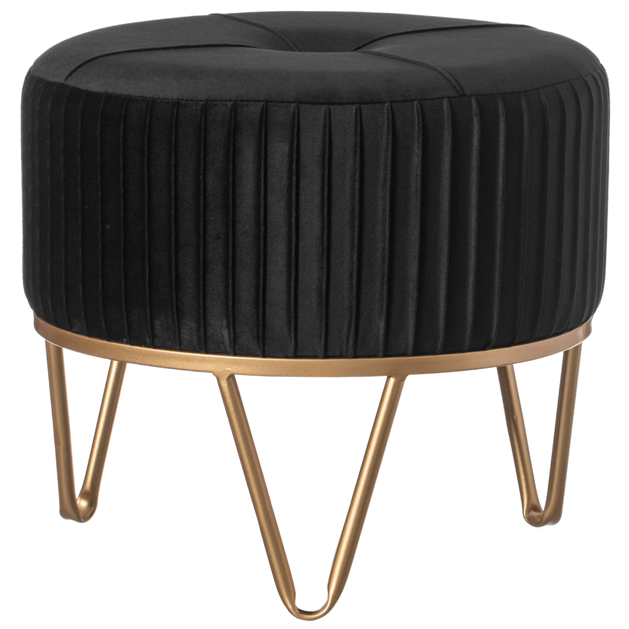 Round Velvet Ottoman Stool Raised With Hairpin Gold Base - Black Small
