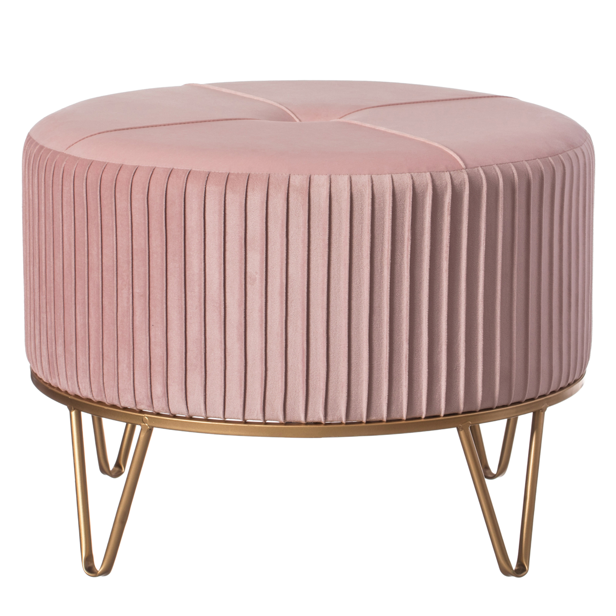 Round Velvet Ottoman Stool Raised With Hairpin Gold Base - Pink Large