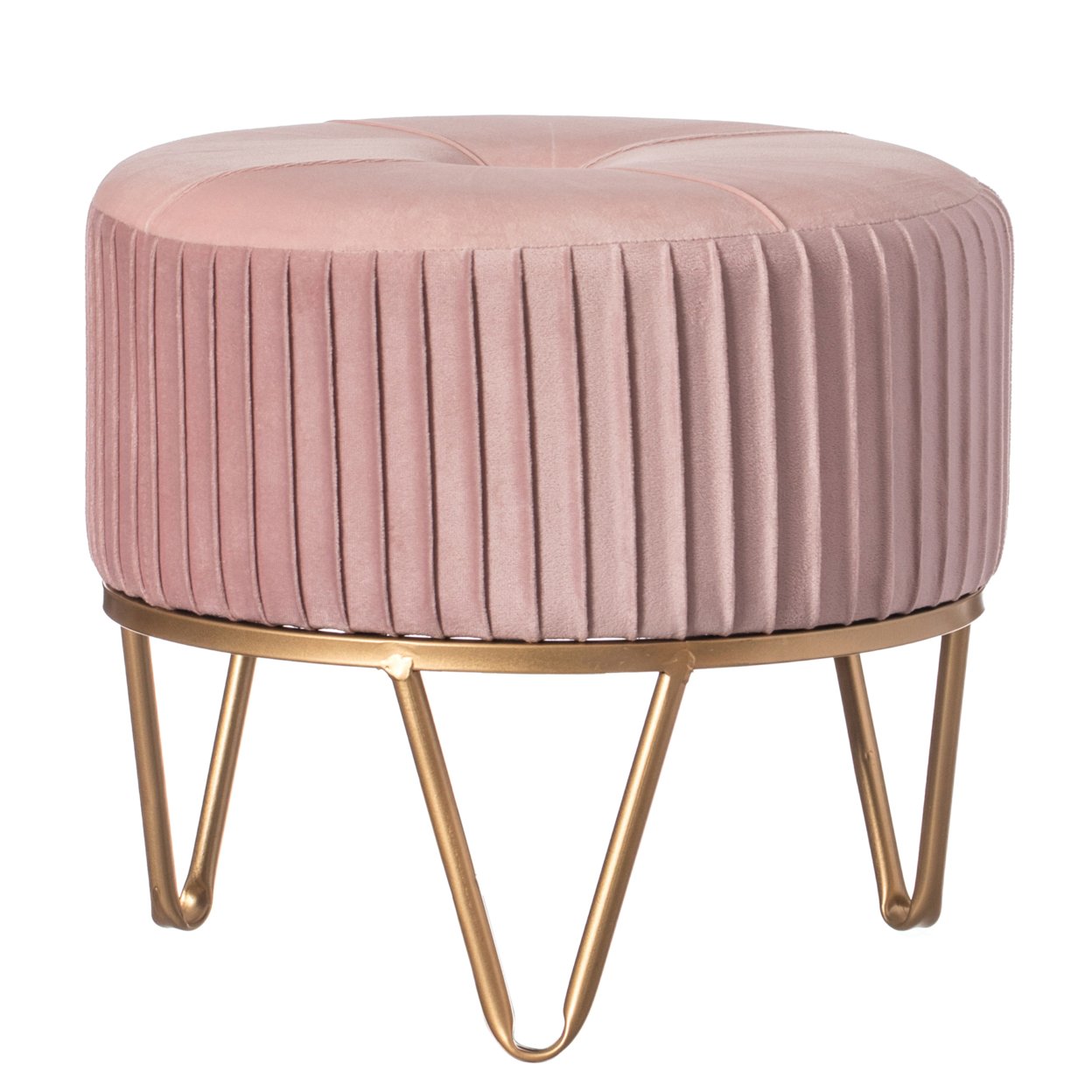 Round Velvet Ottoman Stool Raised With Hairpin Gold Base - Pink Small