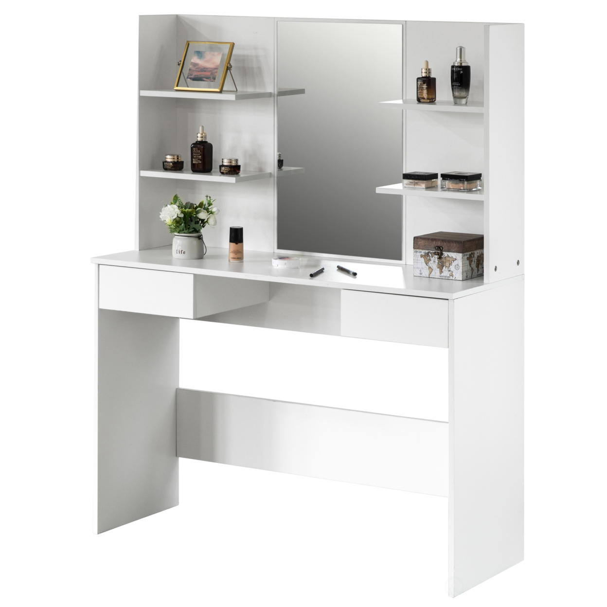 Modern Wooden Dressing Table With Drawer, Mirror And Shelves For The Dining Room, Entryway And Bedroom - White