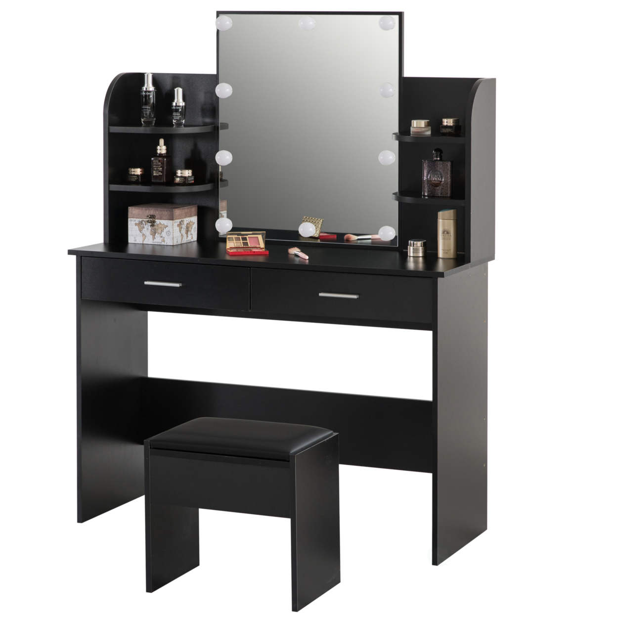 Modern Wooden Vanity Dressing Table With Two Drawers, Led Mirror And Stool - Black