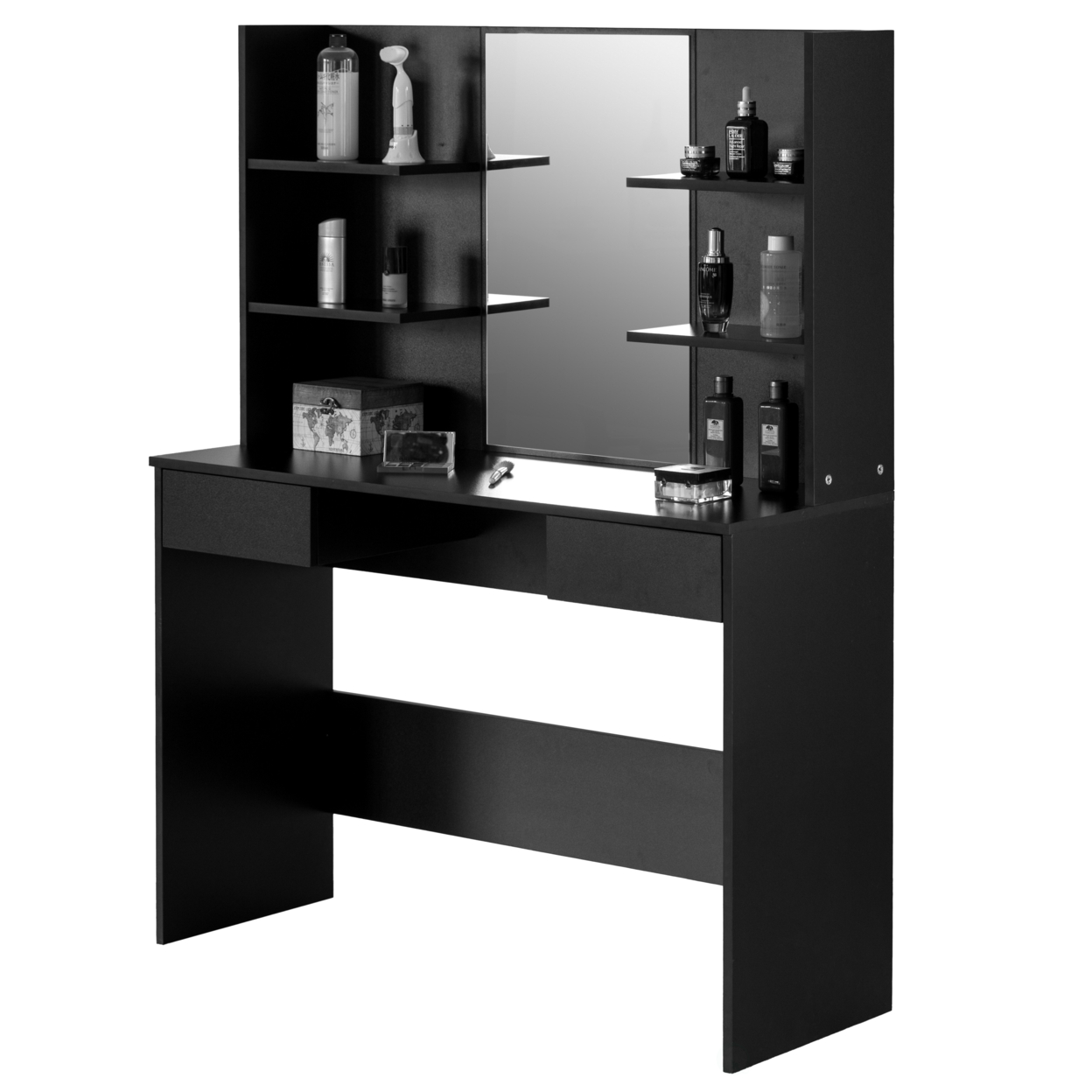 Modern Wooden Dressing Table With Drawer, Mirror And Shelves For The Dining Room, Entryway And Bedroom - Black
