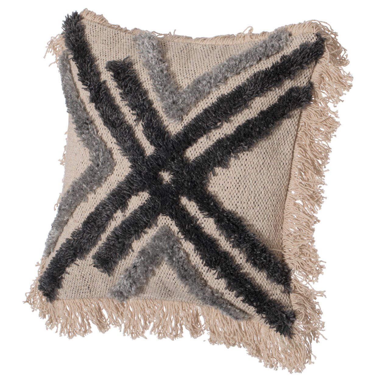 16" Handwoven Cotton & Silk Throw Fringed Pillow Cover Embossed Zig Zag & Crossed Lines Design - crossed