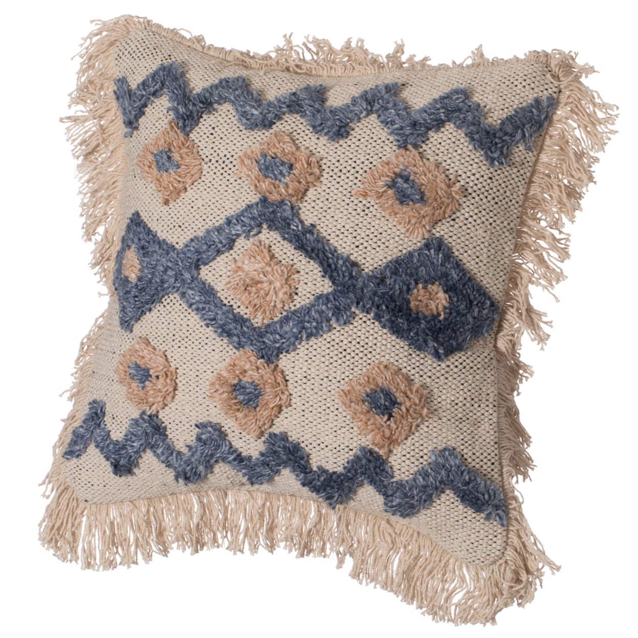 16" Handwoven Cotton & Silk Throw Fringed Pillow Cover Embossed Zig Zag & Crossed Lines Design - zig zag