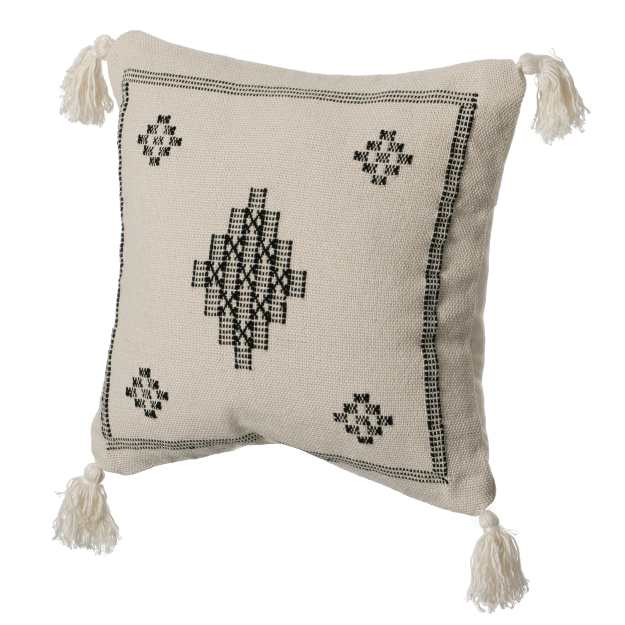 16 Throw Pillow Cover With Southwest Tribal Pattern And Corner Tassels - Black