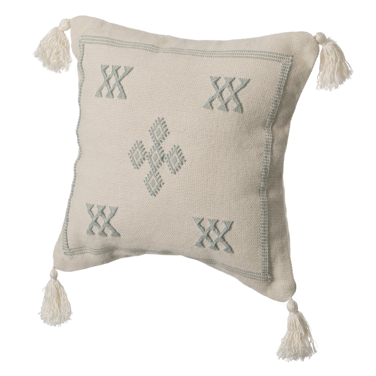 16 Throw Pillow Cover With Southwest Tribal Pattern And Corner Tassels - Grey