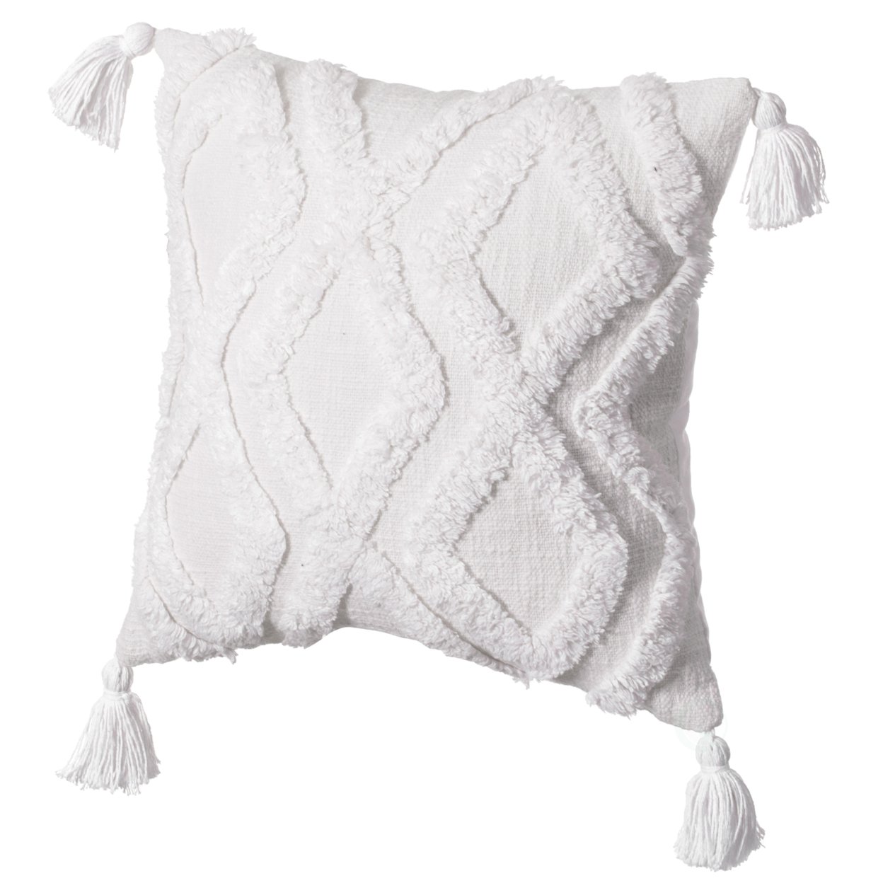 16 Handwoven Cotton Throw Pillow Cover With White Tufted Patterns And Tassel Corners - Large