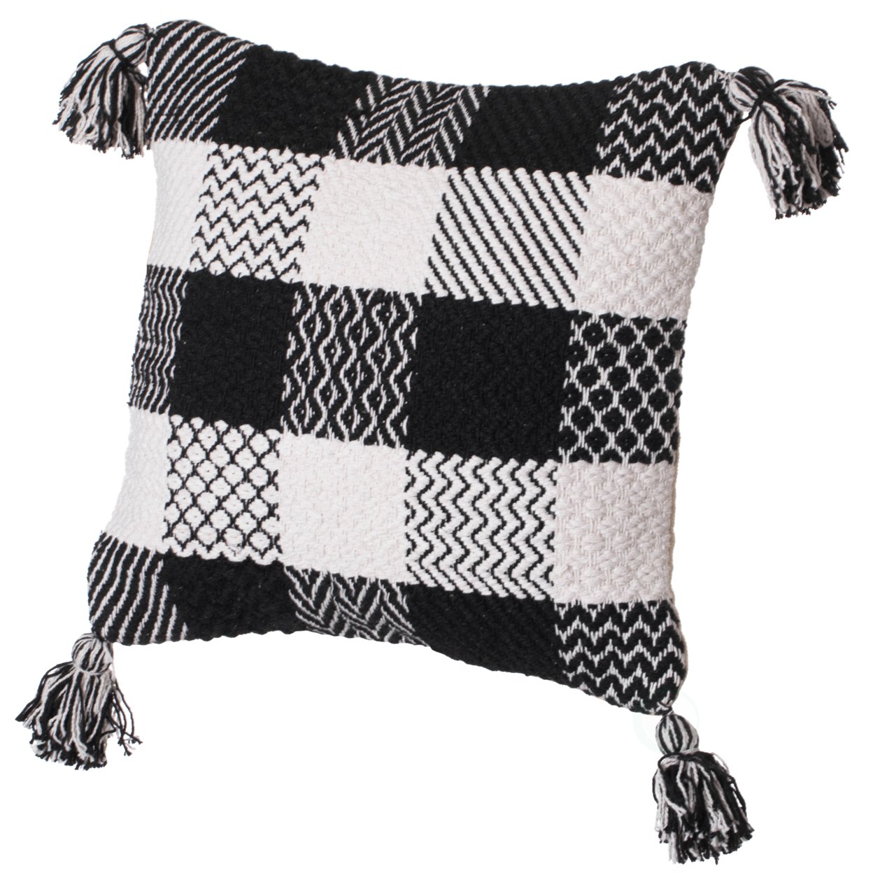 16" Handwoven Cotton Throw Pillow Cover Chevron & Gingham Design Black & White - gingham with cushion