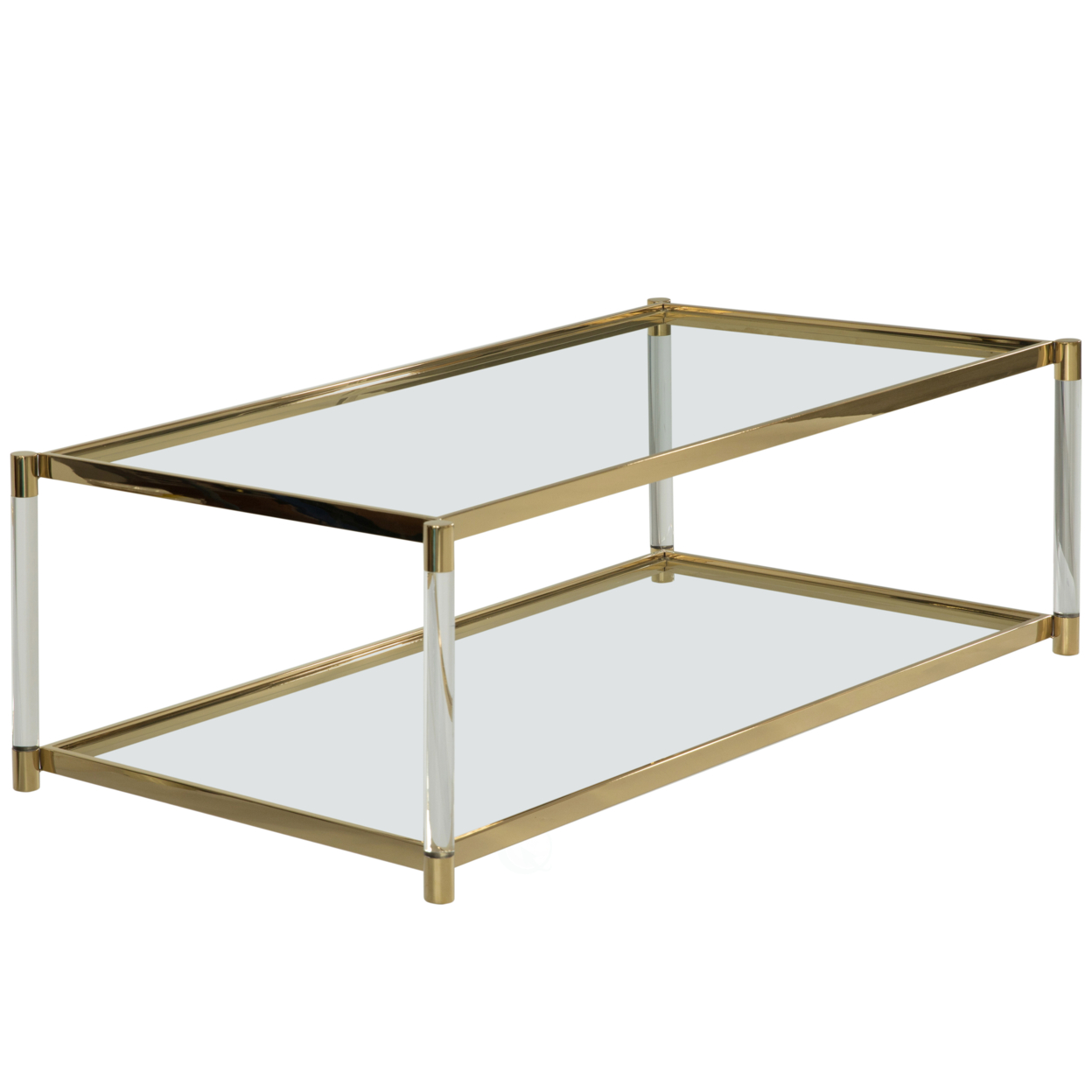Acrylic Rectangular Modern Gold Metal Coffee Table with Tempered Glass and Shelf for Office, Dining Room, Entryway