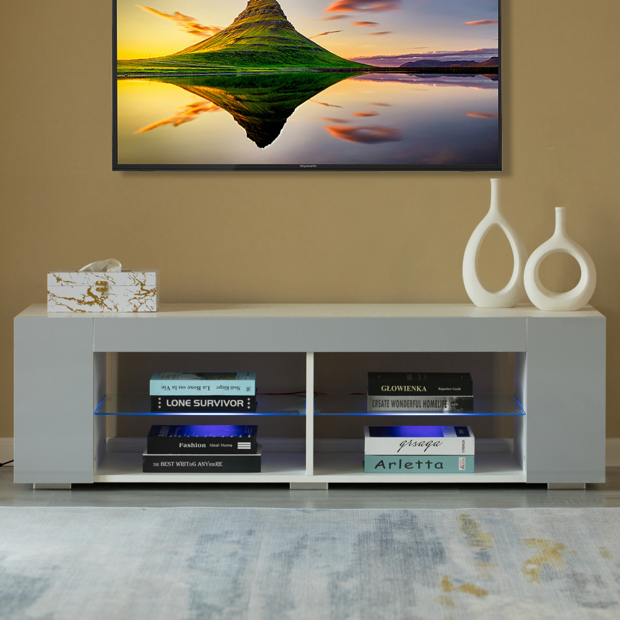 White Entertainment TV Stand With LED Lights And Glass Shelves With UV Frame