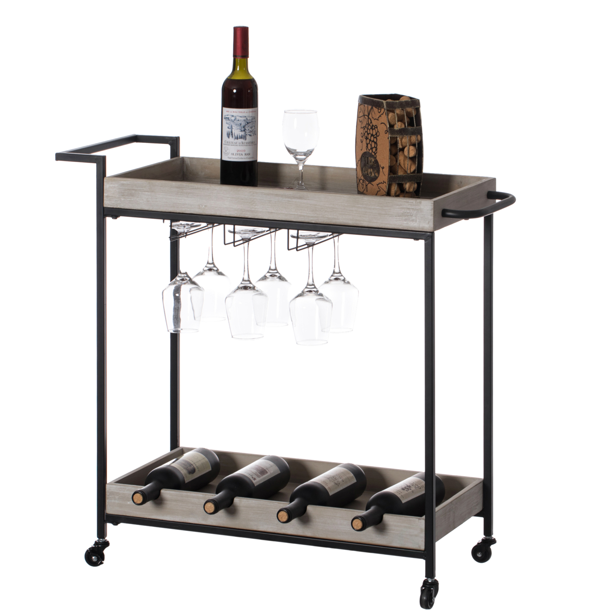 Metal Wine Bar Serving Cart With Rolling Wheels, Wine Rack, And Glass Holder