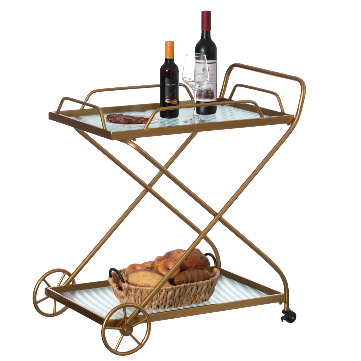 Gold Metal Wine Bar Serving Cart With Rolling Wheels And Handles For Dining, Living Room Or Entryway