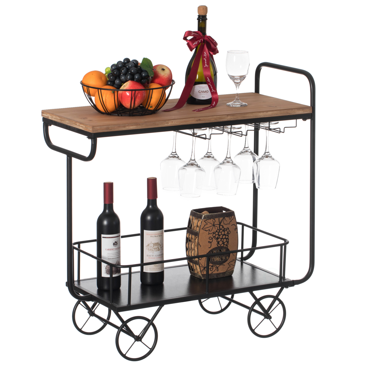 Metal Wine Bar Serving Cart With Rolling Wheels, Glass Holder, And Wine Rack