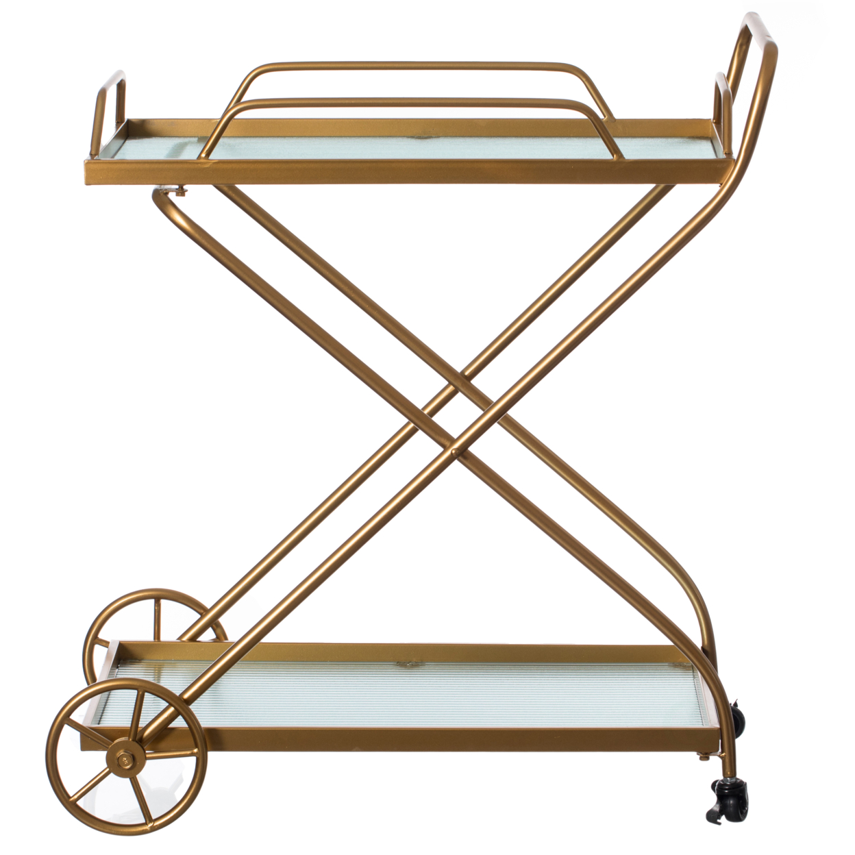 Gold Metal Wine Bar Serving Cart With Rolling Wheels And Handles For Dining, Living Room Or Entryway