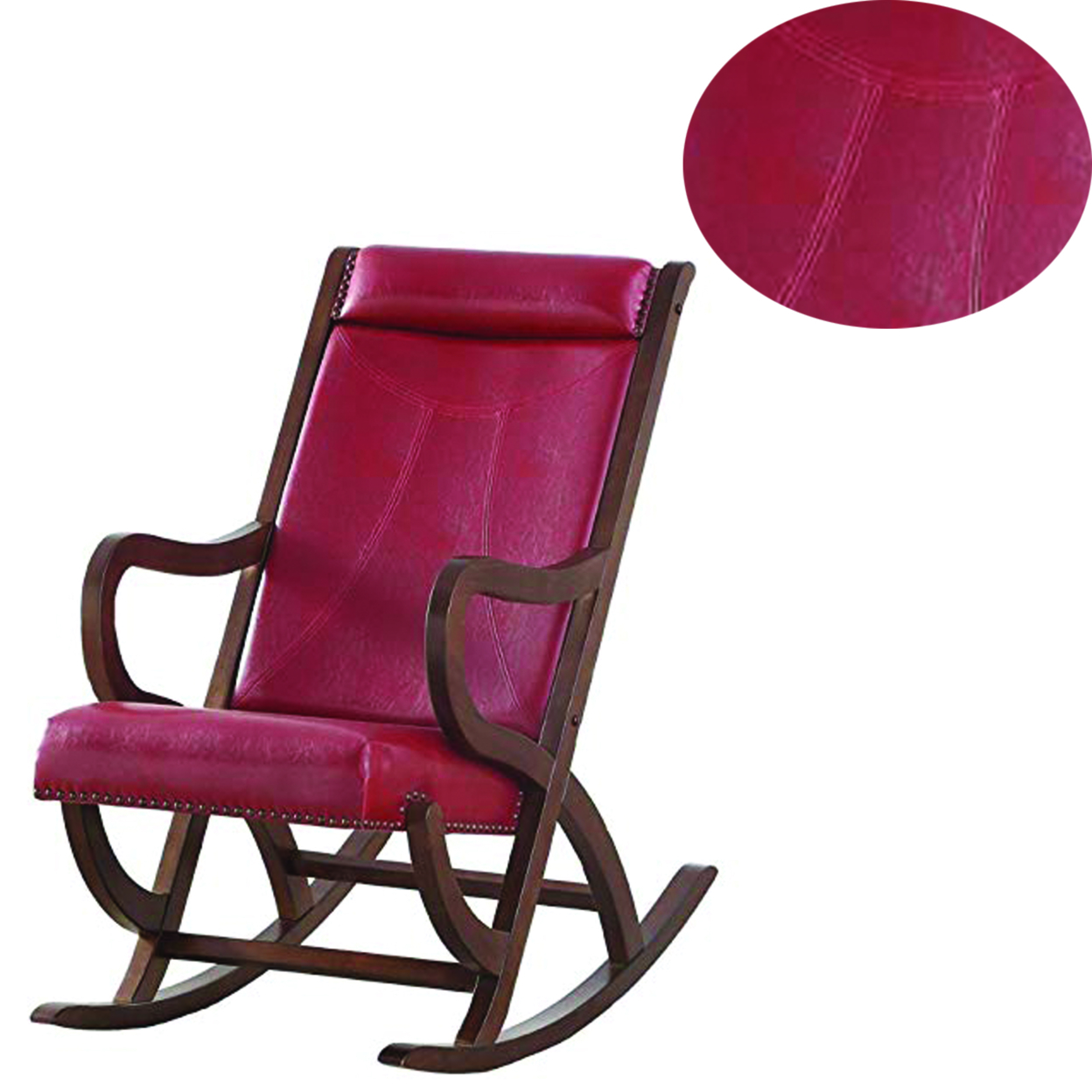 Faux Leather Upholstered Wooden Rocking Chair With Looped Arms, Brown And Red- Saltoro Sherpi