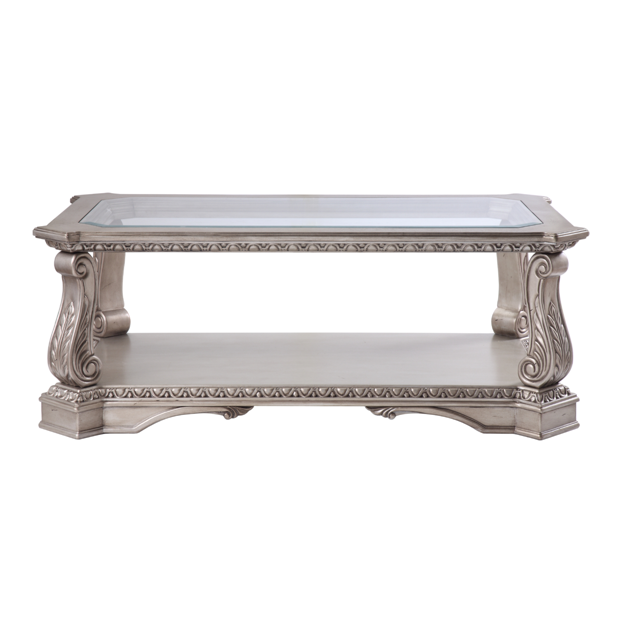 Wooden Coffee Table With Inserted Glass Top And Scrolled Legs, Silver And Clear- Saltoro Sherpi