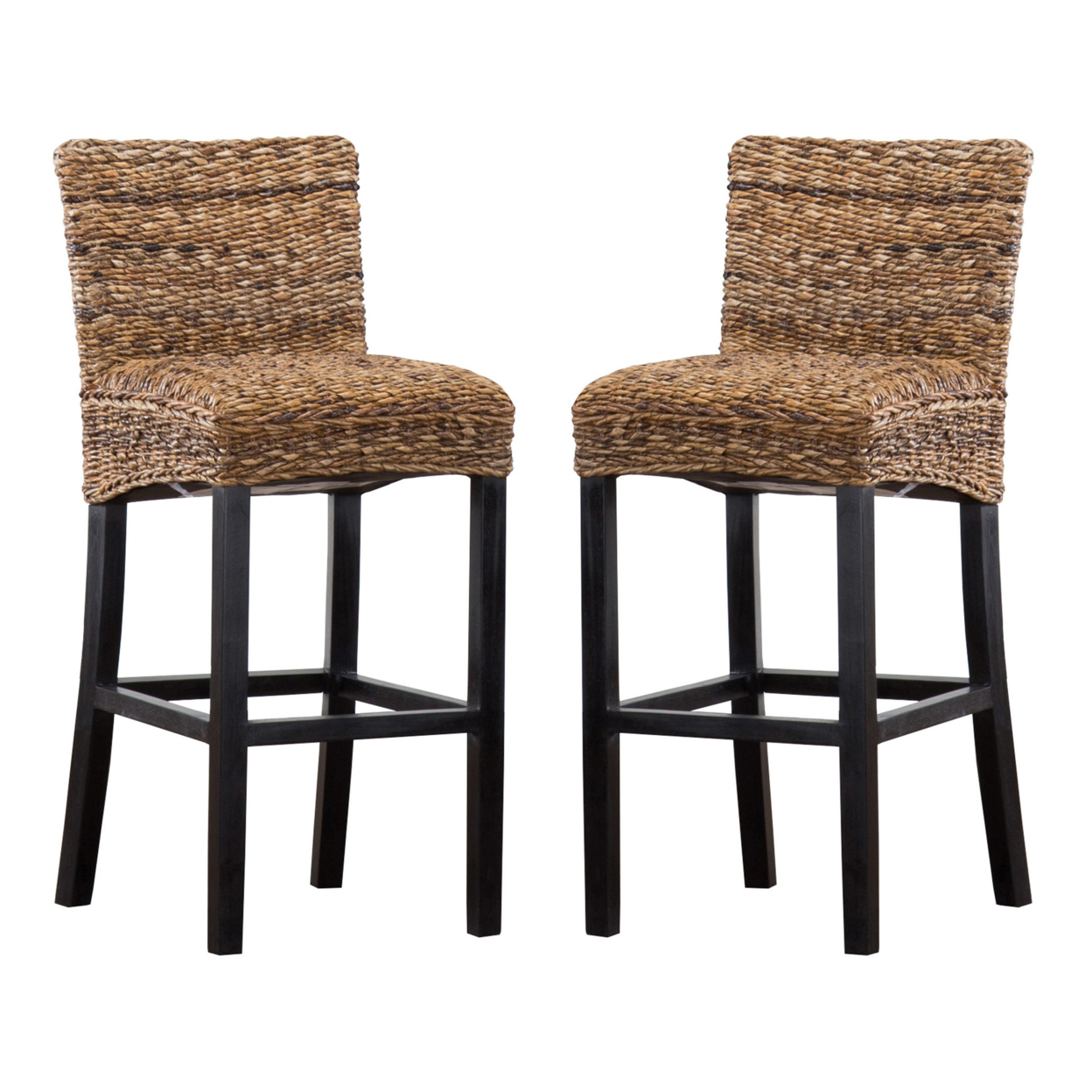 Woven Rattan Barstool With Wooden Legs, Low Profile Backrest, Set Of 2, Brown And Black- Saltoro Sherpi