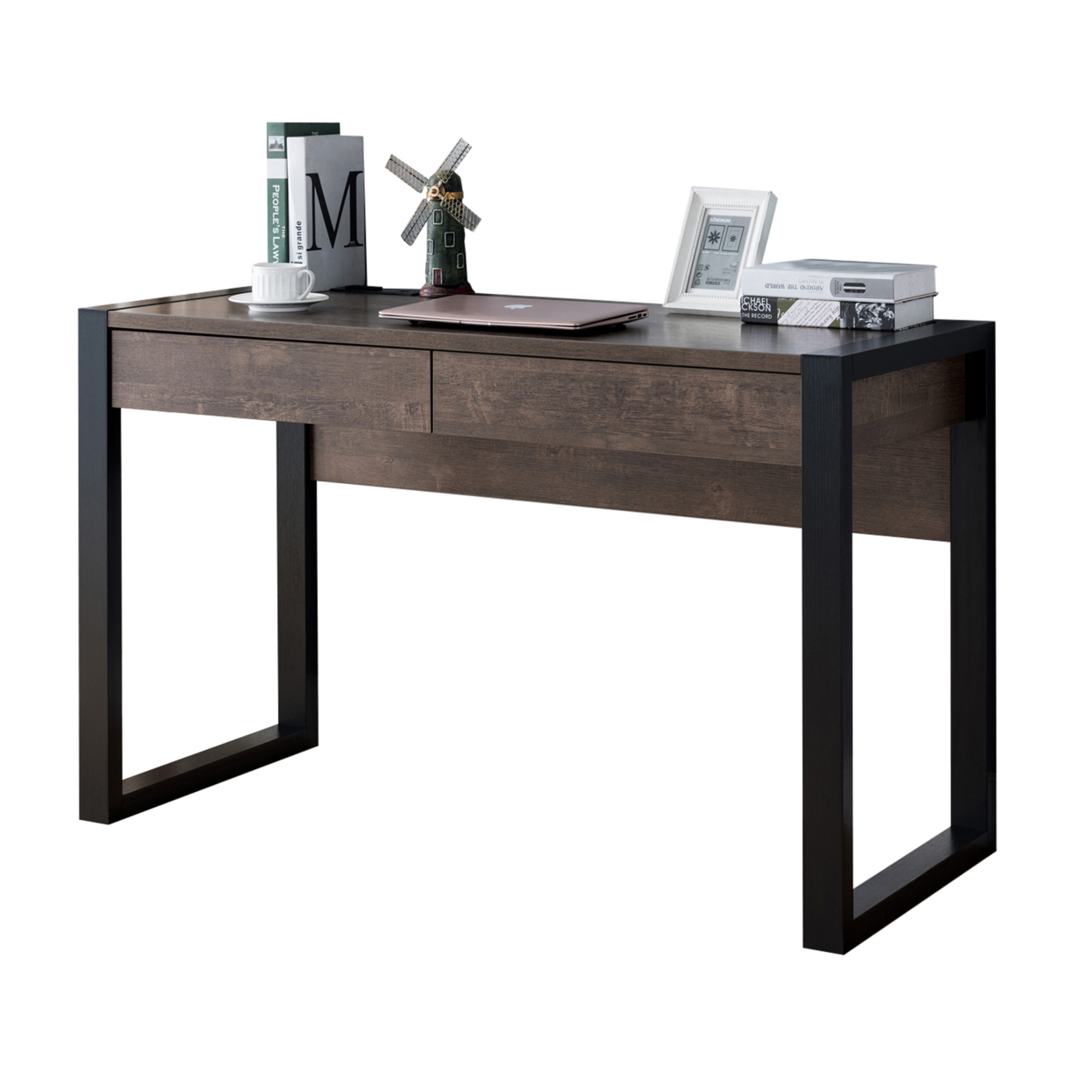 Rectangular Wooden Desk With Electric Outlet And Sled Leg Support, Black And Brown- Saltoro Sherpi