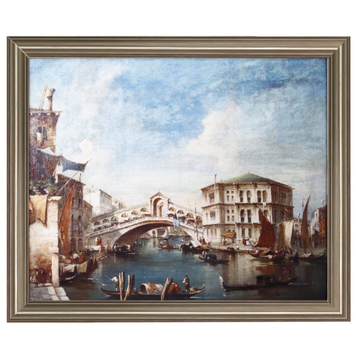 Digital Print Of Grand Canal And The Rialto Bridge With Wooden Framing, Multicolor- Saltoro Sherpi