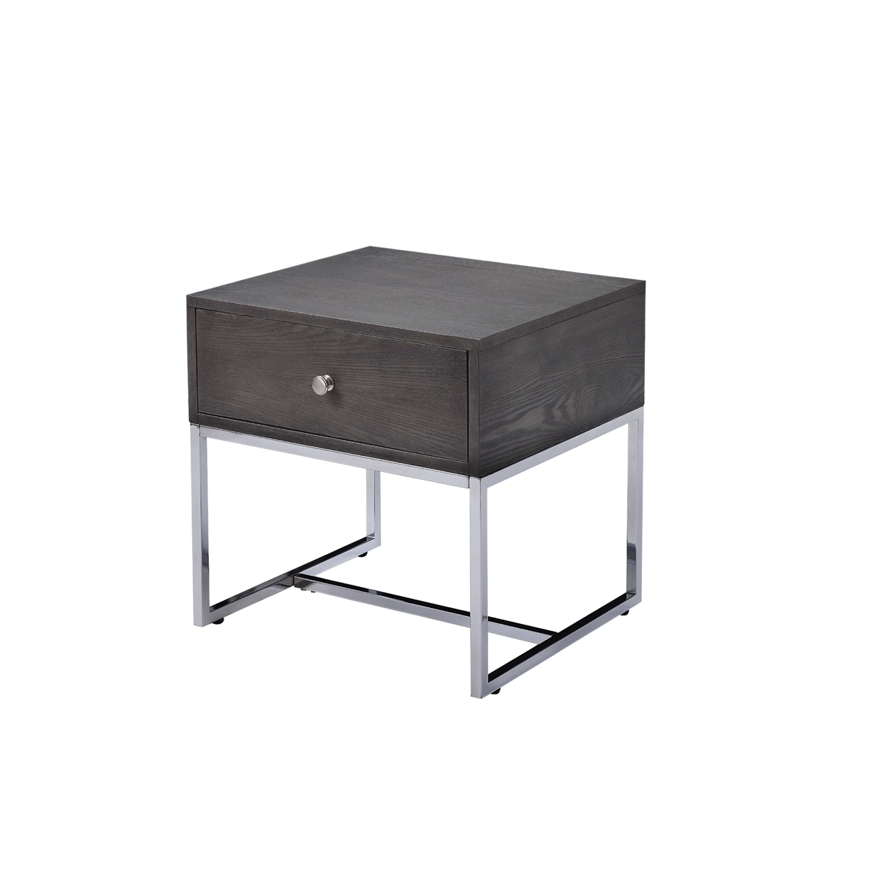 Wooden End Table With Tubular Metal Base And Spacious Drawer, Gray And Silver- Saltoro Sherpi