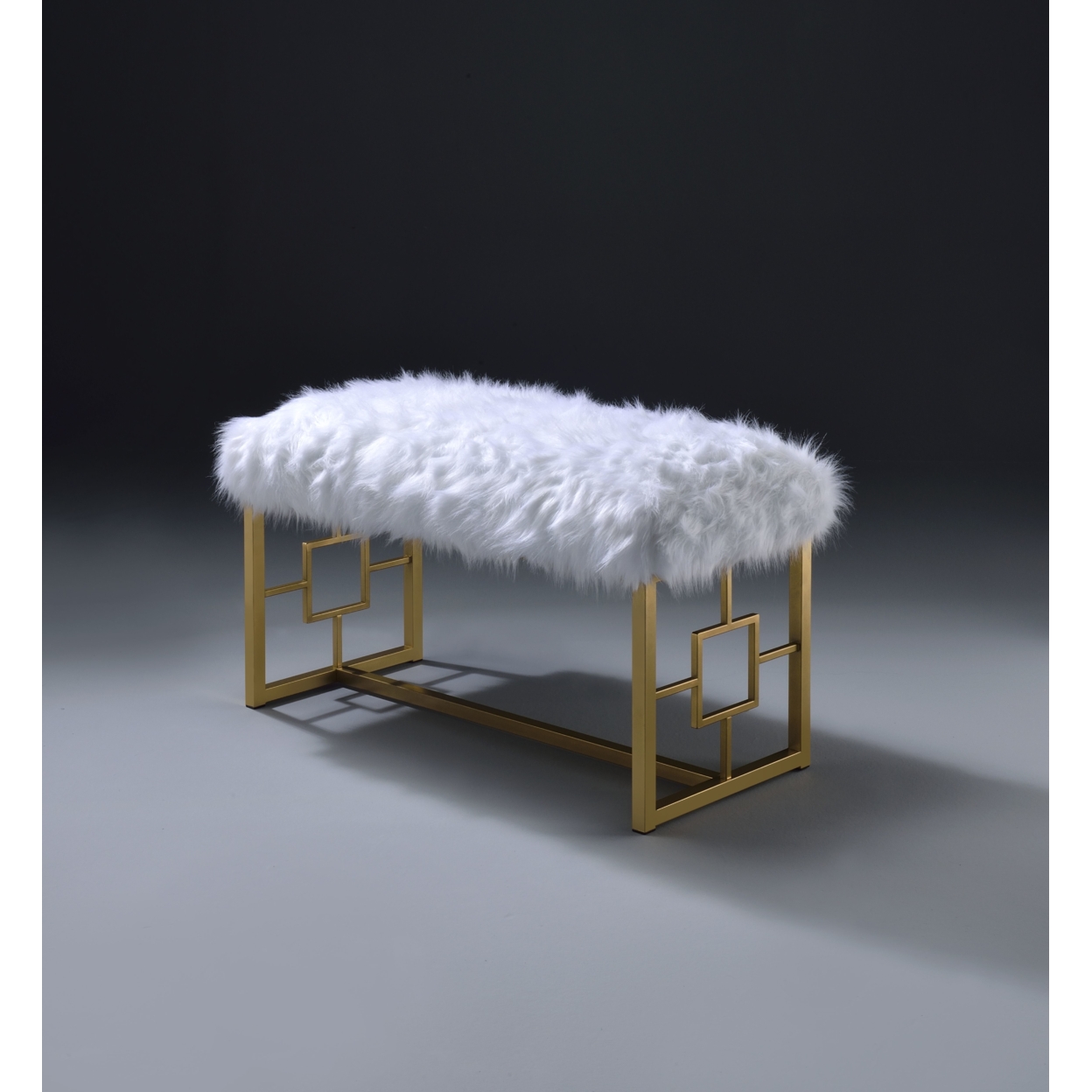 Modern Style Faux Fur Upholstered Bench With Geometrical Side Panels, White And Gold- Saltoro Sherpi
