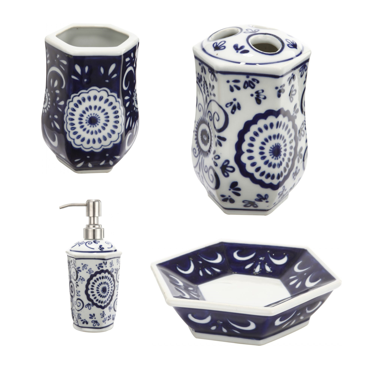 Elegantly Crafted Bath Accessories, Set Of 4, Blue And White- Saltoro Sherpi