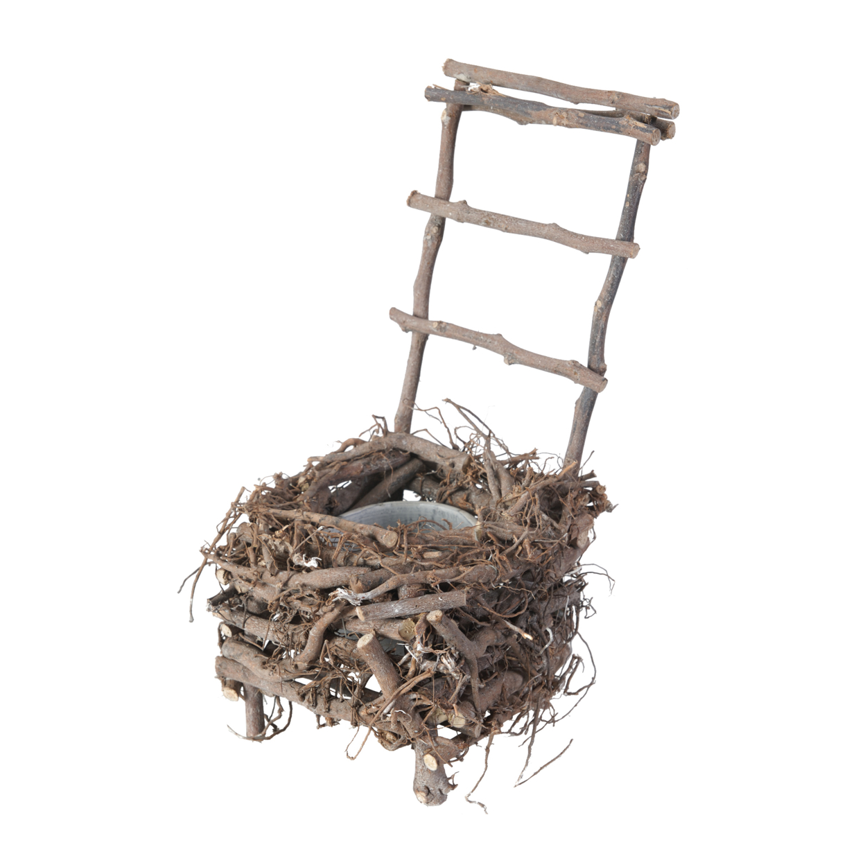 Nature Inspired Wooden Nest Planter With Clay Pot, Gray And Brown- Saltoro Sherpi