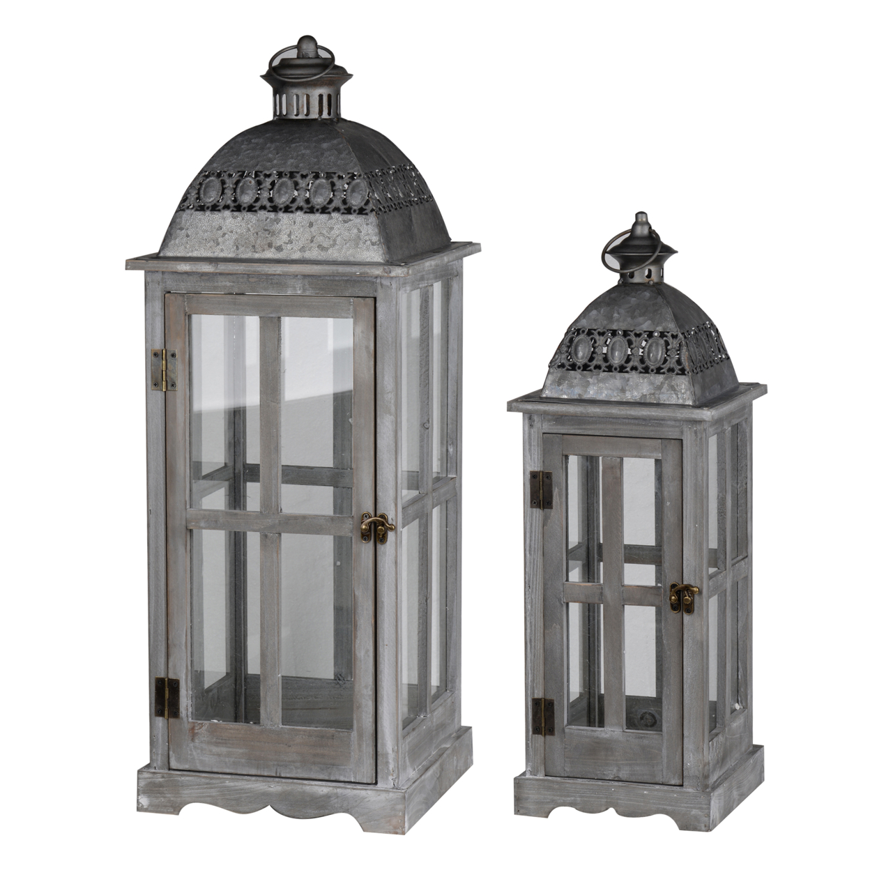 Wood And Metal Lanterns With Glass Window Pane Design, Gray, Set Of 2- Saltoro Sherpi