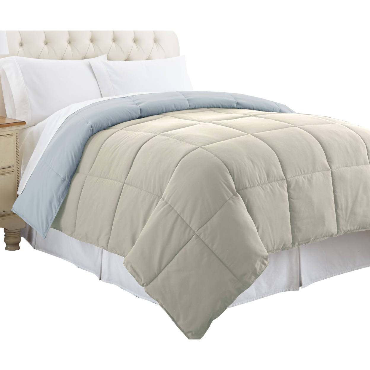Genoa Queen Size Box Quilted Reversible Comforter The Urban Port, Gray And Blue- Saltoro Sherpi