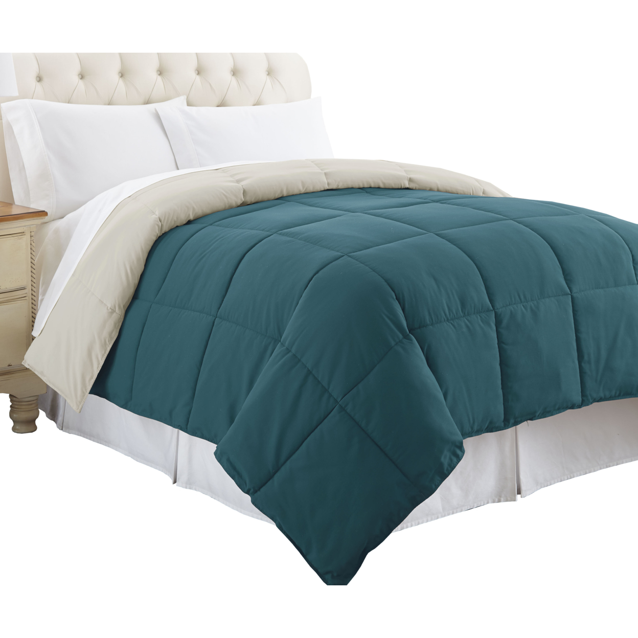 Genoa Twin Size Box Quilted Reversible Comforter The Urban Port, Blue And Gray- Saltoro Sherpi
