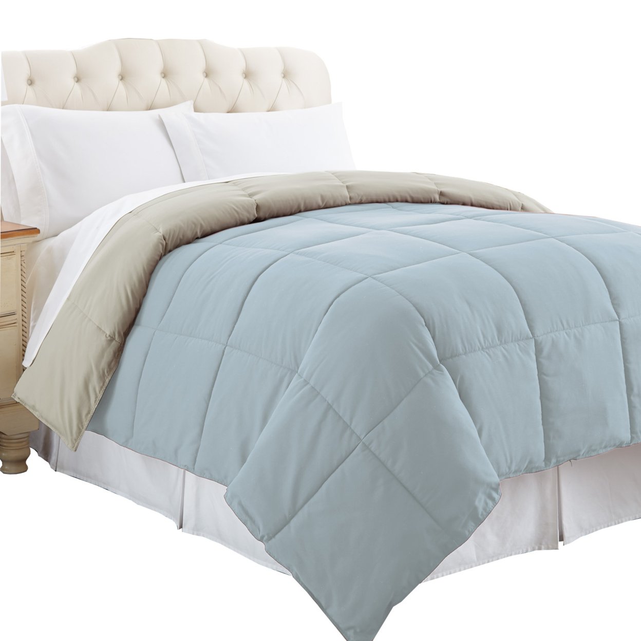 Genoa Queen Size Box Quilted Reversible Comforter The Urban Port, Gray And Blue- Saltoro Sherpi