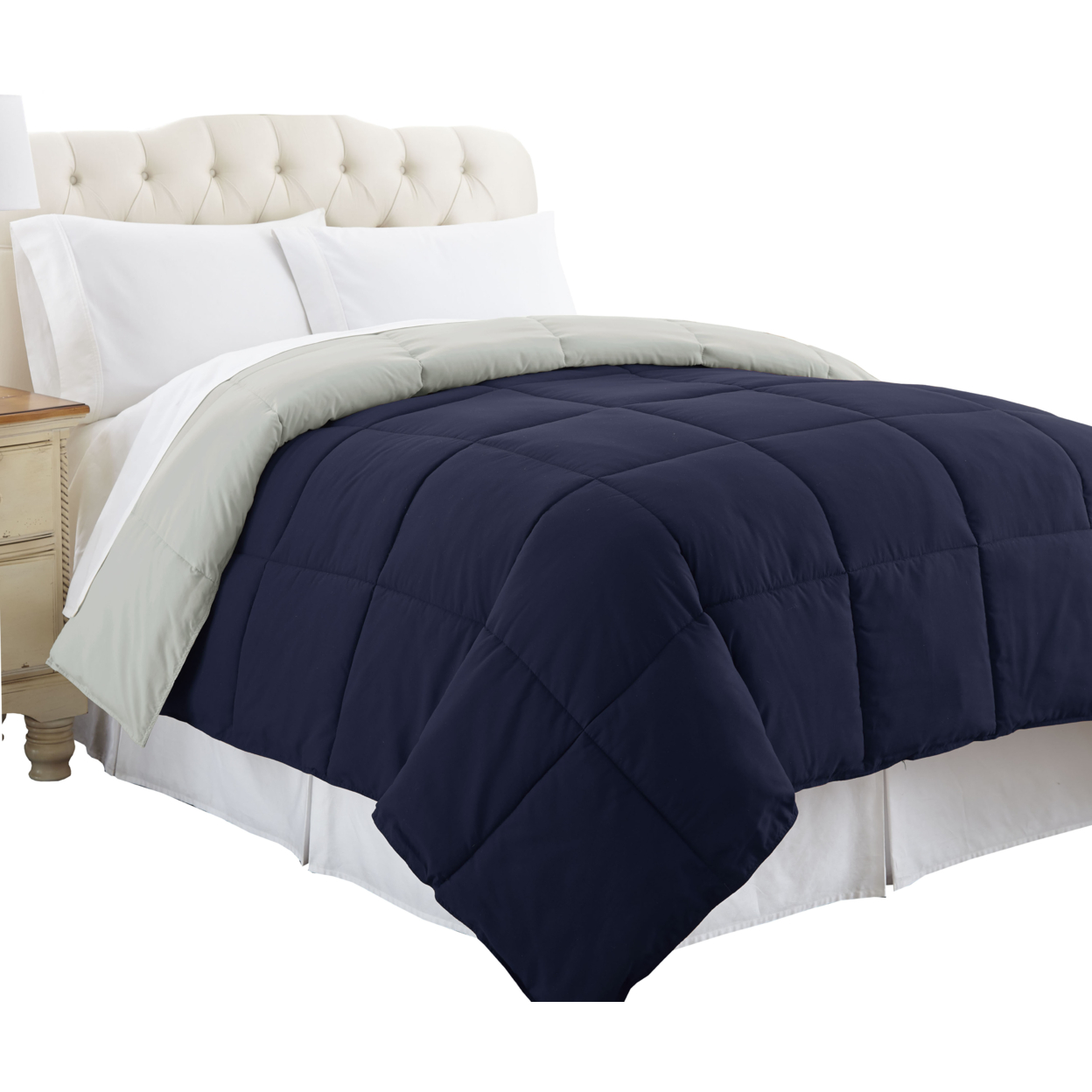 Genoa Box Quilted Twin Size Reversible Comforter The Urban Port, Silver And Blue- Saltoro Sherpi