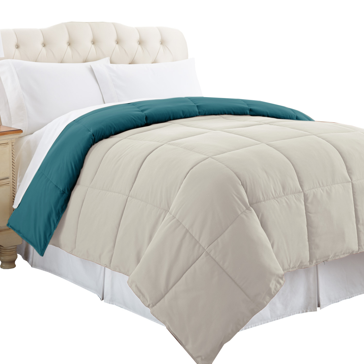 Genoa Queen Size Box Quilted Reversible Comforter The Urban Port, Blue And Gray- Saltoro Sherpi