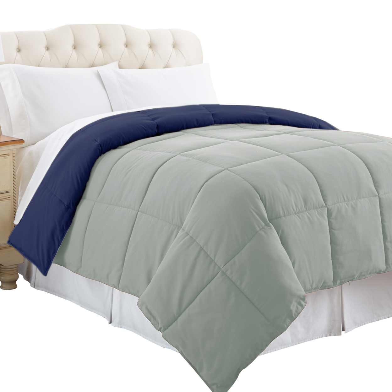 Genoa Reversible Queen Comforter With Box Quilting The Urban Port, Silver And Blue- Saltoro Sherpi