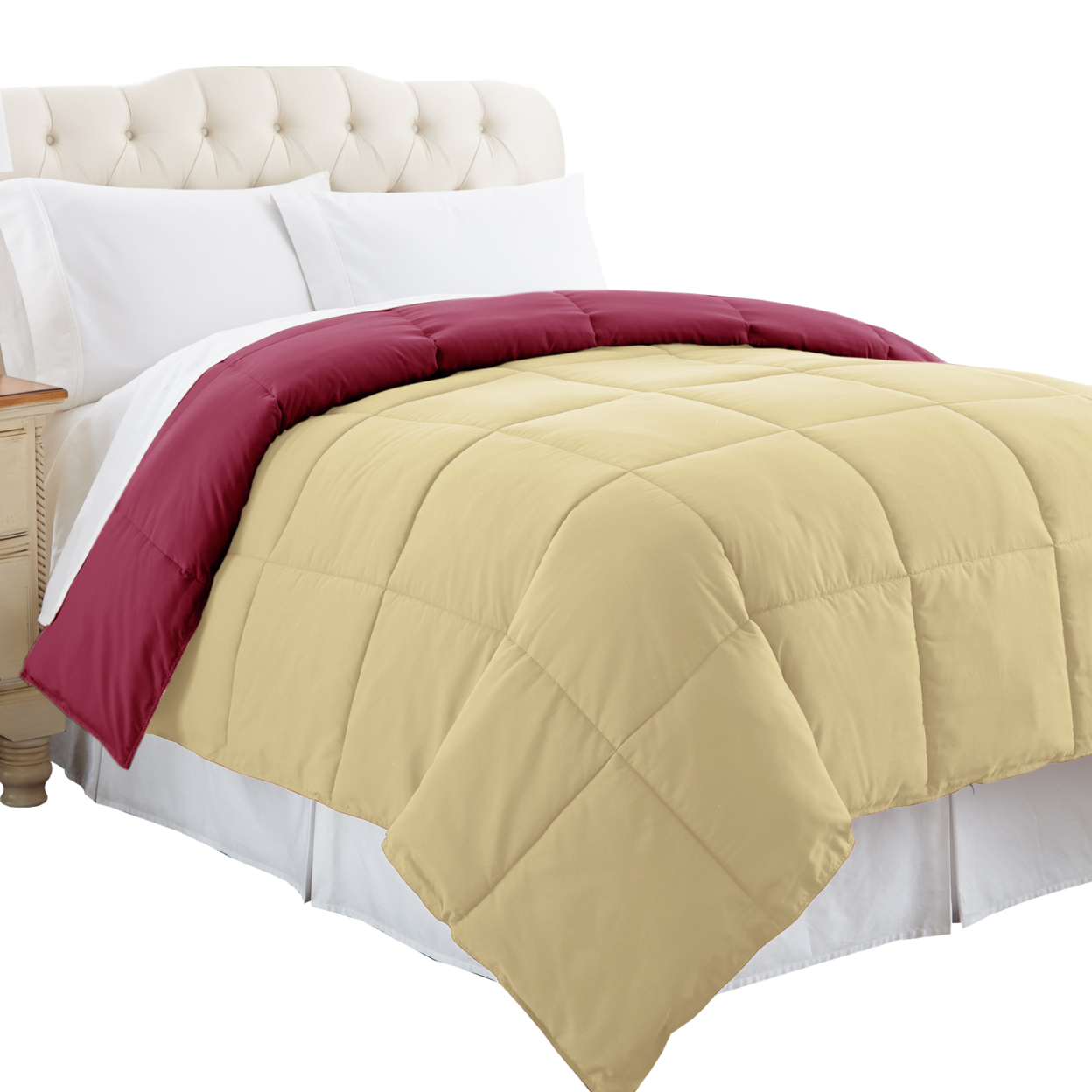 Genoa Twin Size Box Quilted Reversible Comforter The Urban Port, Pink And Beige- Saltoro Sherpi