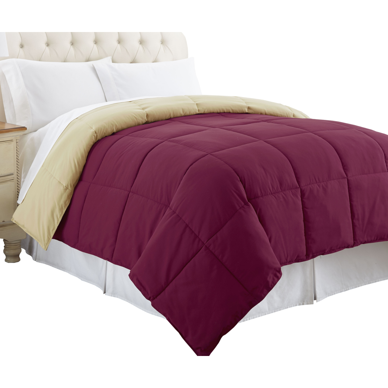 Genoa King Size Box Quilted Reversible Comforter The Urban Port, Pink And Beige- Saltoro Sherpi