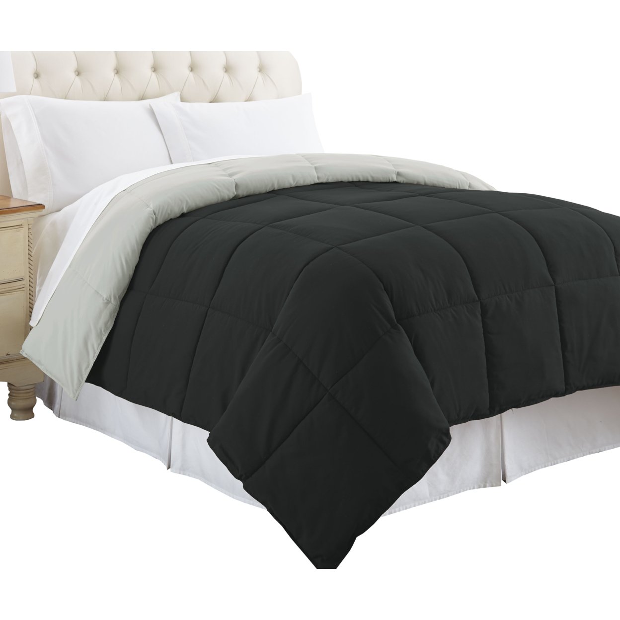 Genoa Queen Size Box Quilted Reversible Comforter The Urban Port, Black And Silver- Saltoro Sherpi