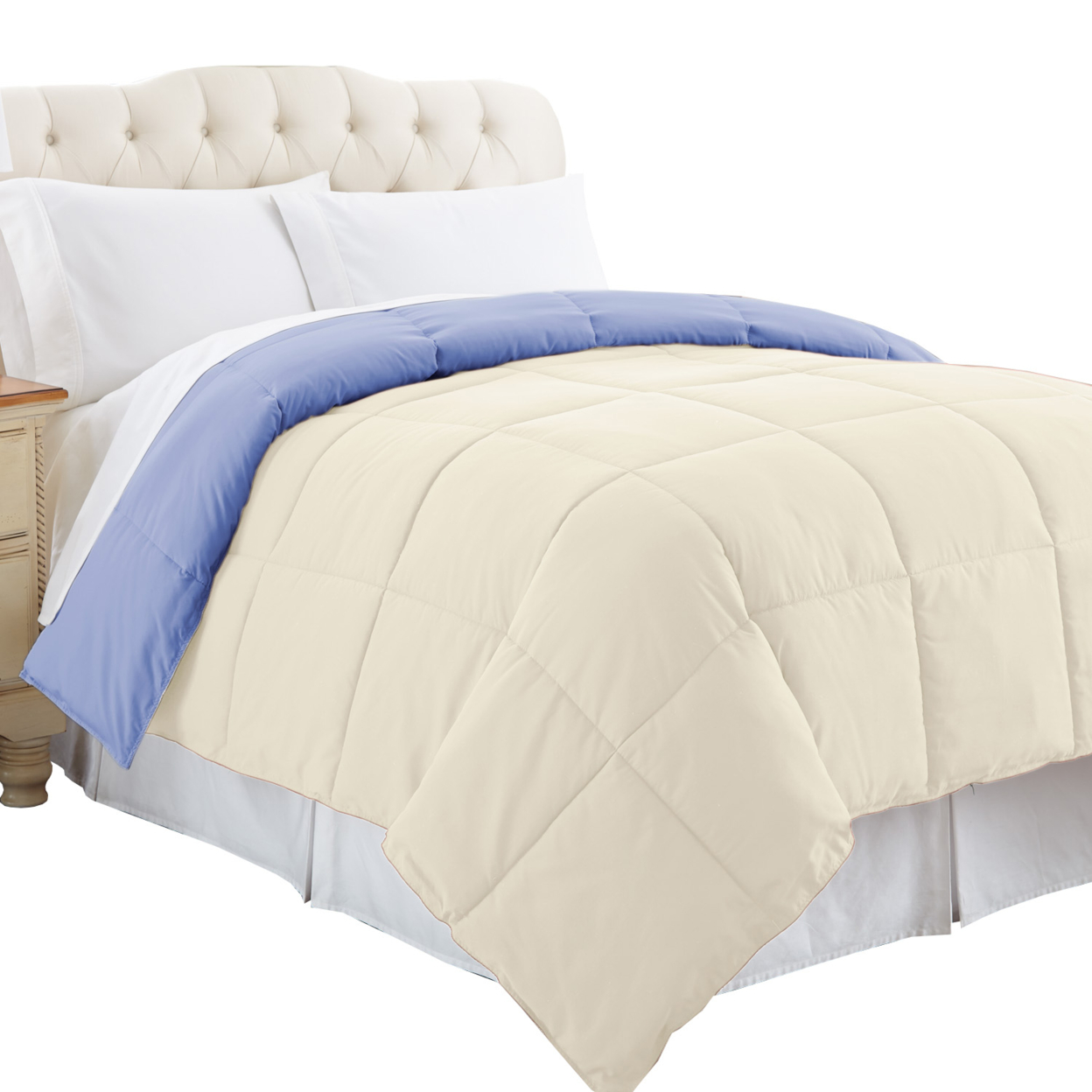 Genoa Queen Size Box Quilted Reversible Comforter The Urban Port, Blue And Cream- Saltoro Sherpi