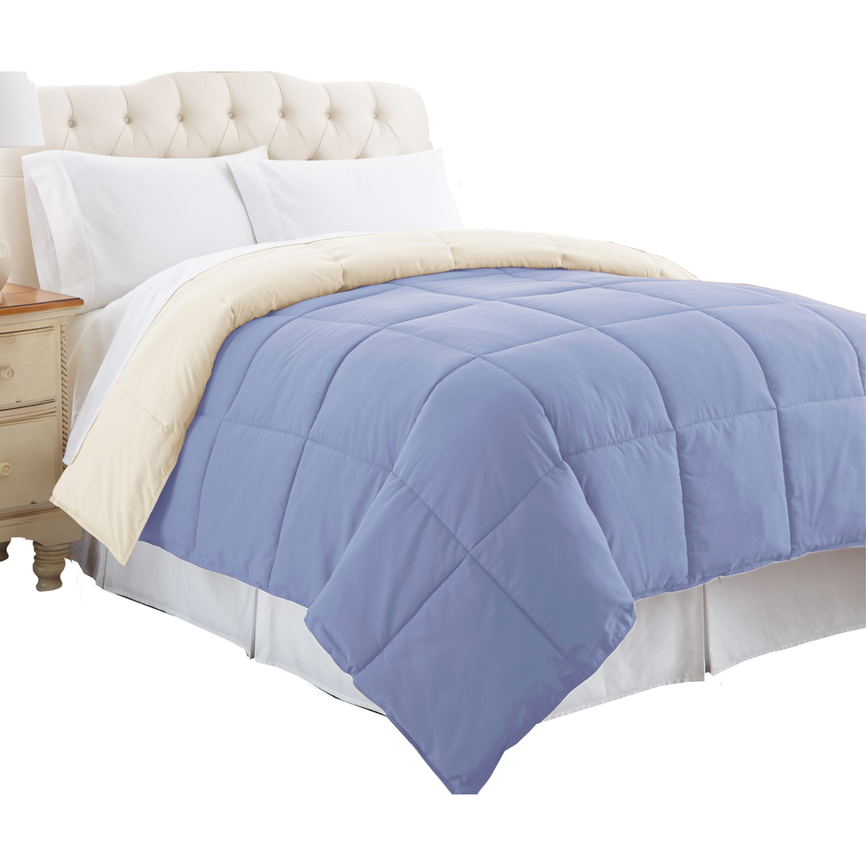 Genoa Queen Size Box Quilted Reversible Comforter The Urban Port, Blue And Cream- Saltoro Sherpi